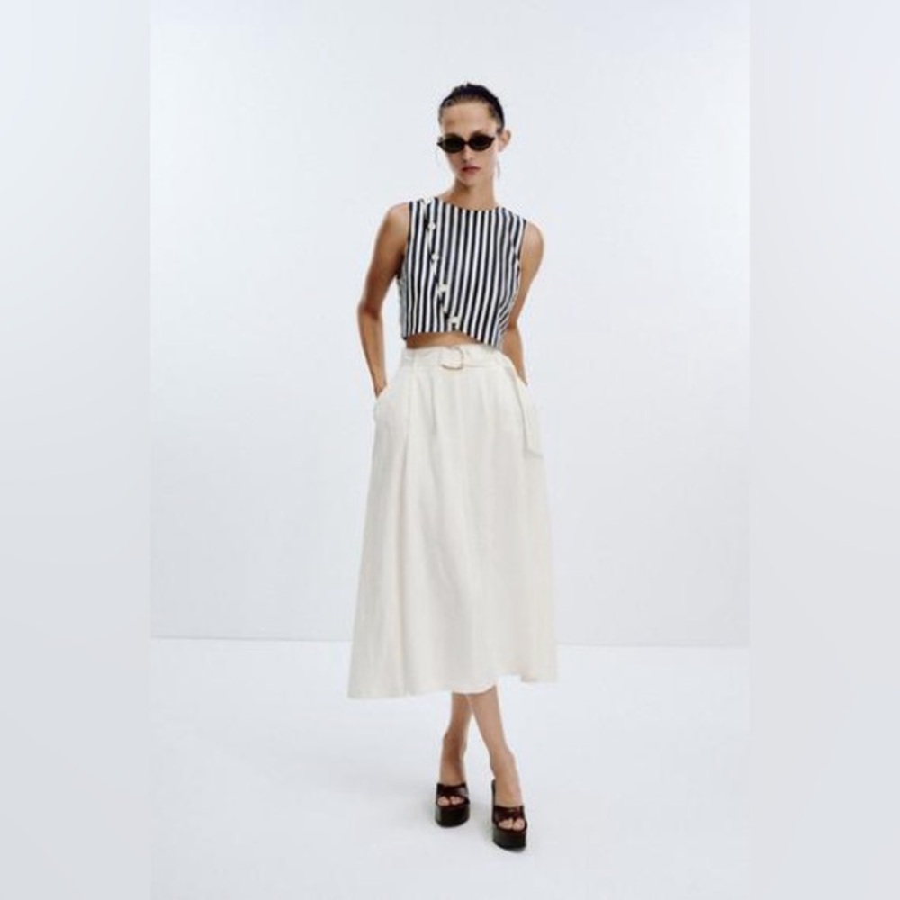 Zara Belted Linen Blend Waist Cut Out Dress - Picture 3 of 17
